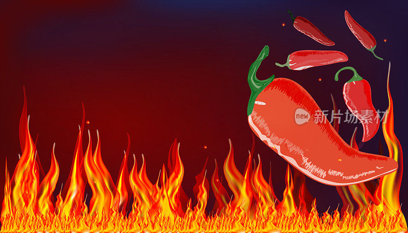 Pods of red hot pepper on the background of the flame. Dark, fiery background. Vector illustration for a banner, copy space.